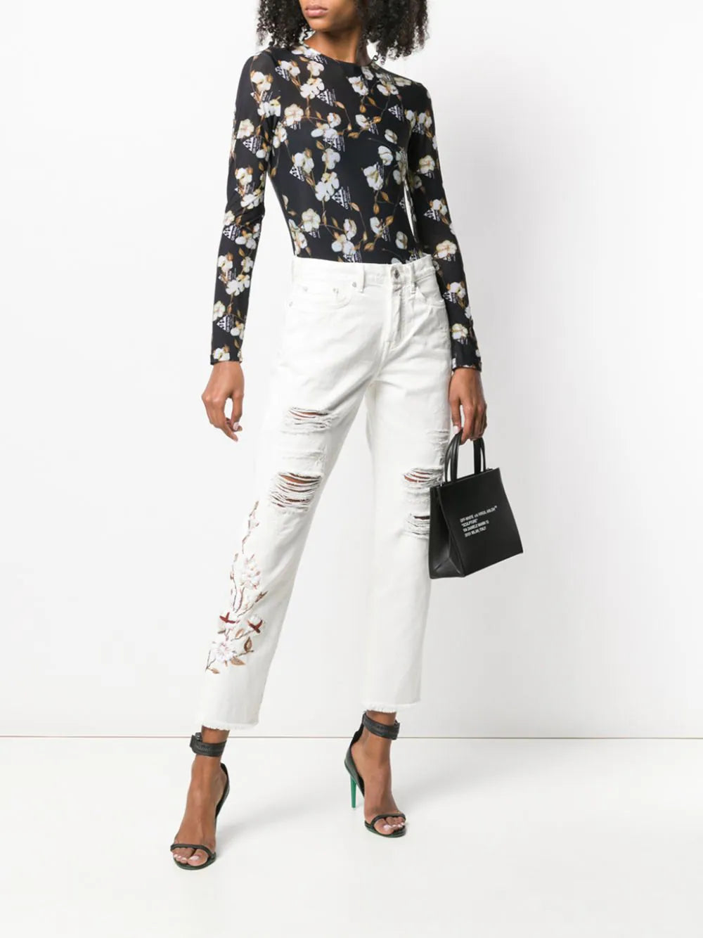 EMBROIDERY DIAG SLIM FIT WHITE ECRU