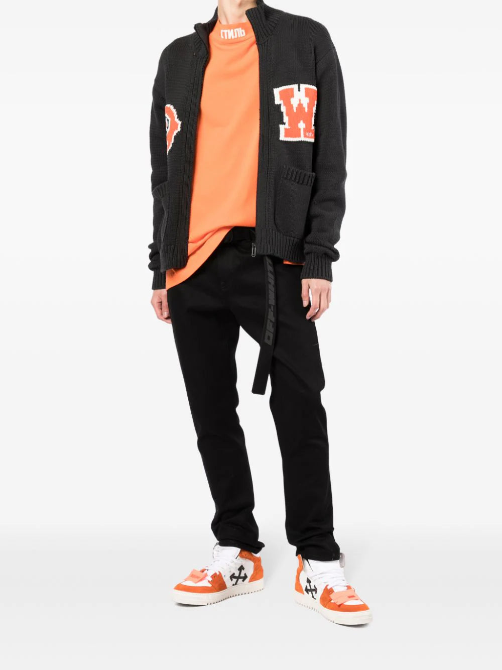 OW PATCH KNIT ZIP BOMBER BLACK ORANGE