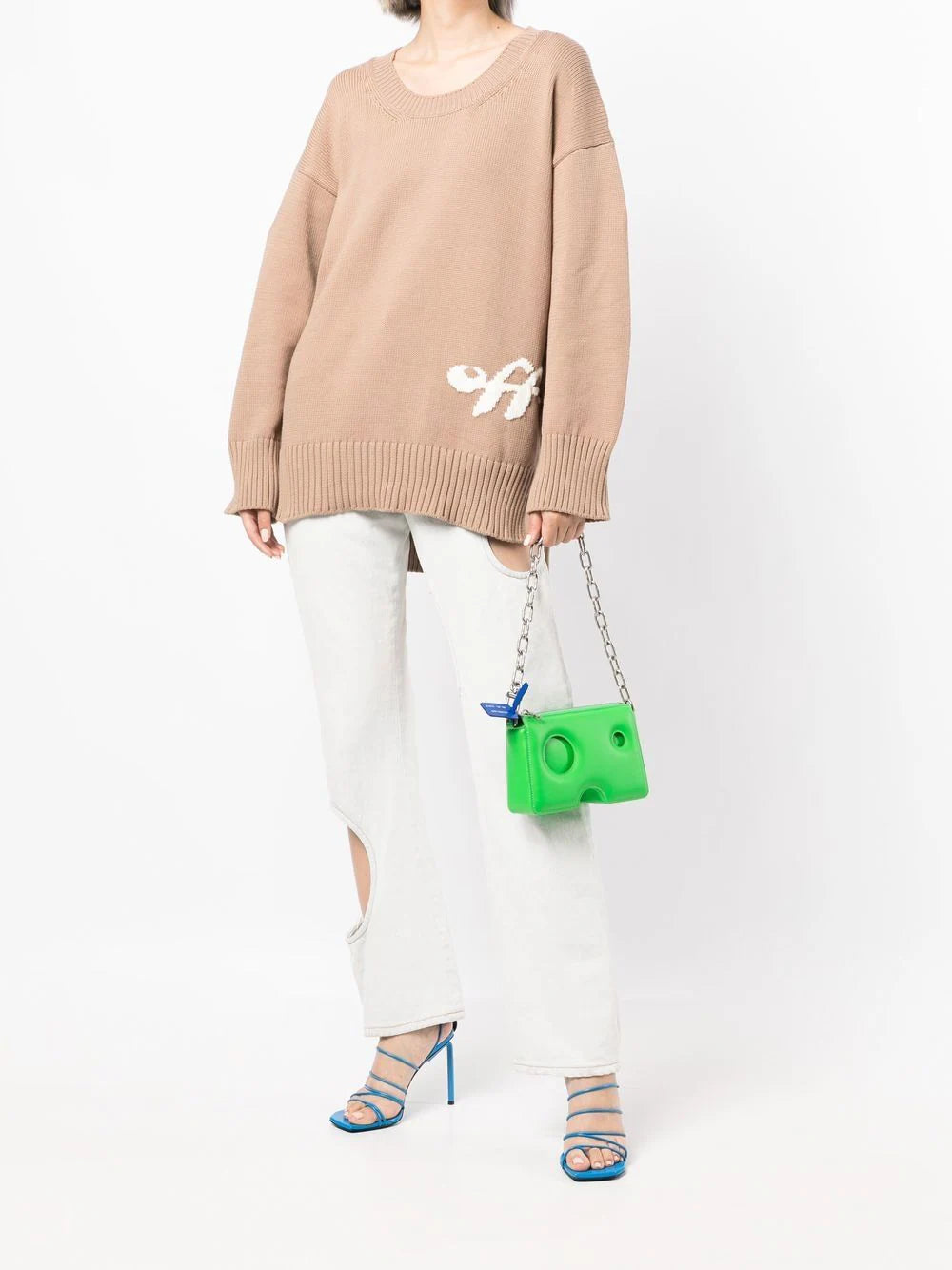 INTARSIA LOGO OVER CREWNECK CAMEL OFF WHITE