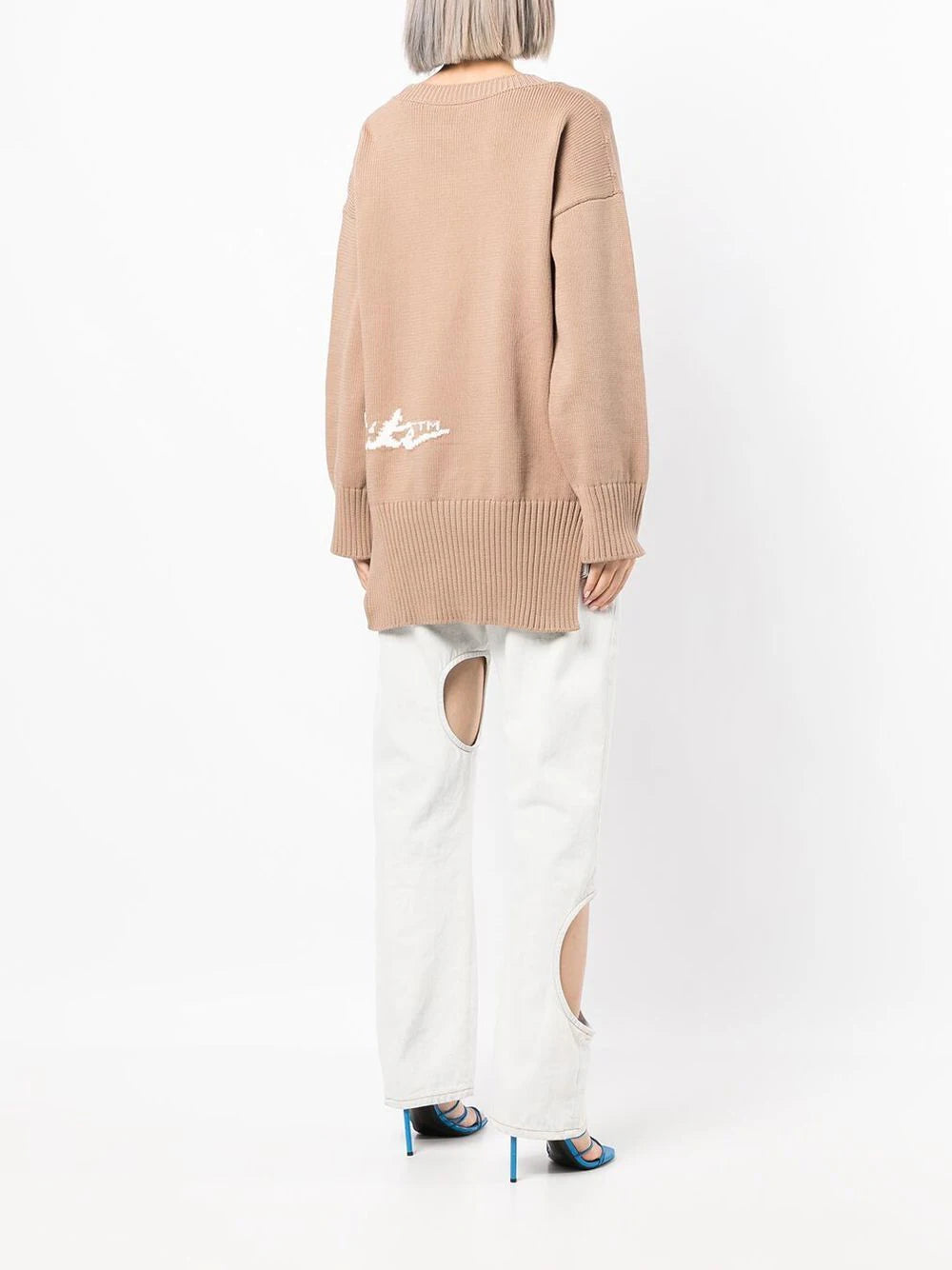 INTARSIA LOGO OVER CREWNECK CAMEL OFF WHITE