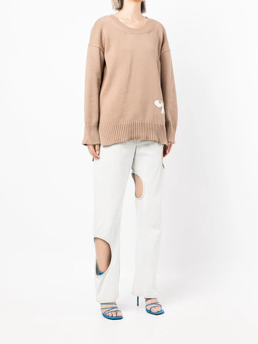 INTARSIA LOGO OVER CREWNECK CAMEL OFF WHITE