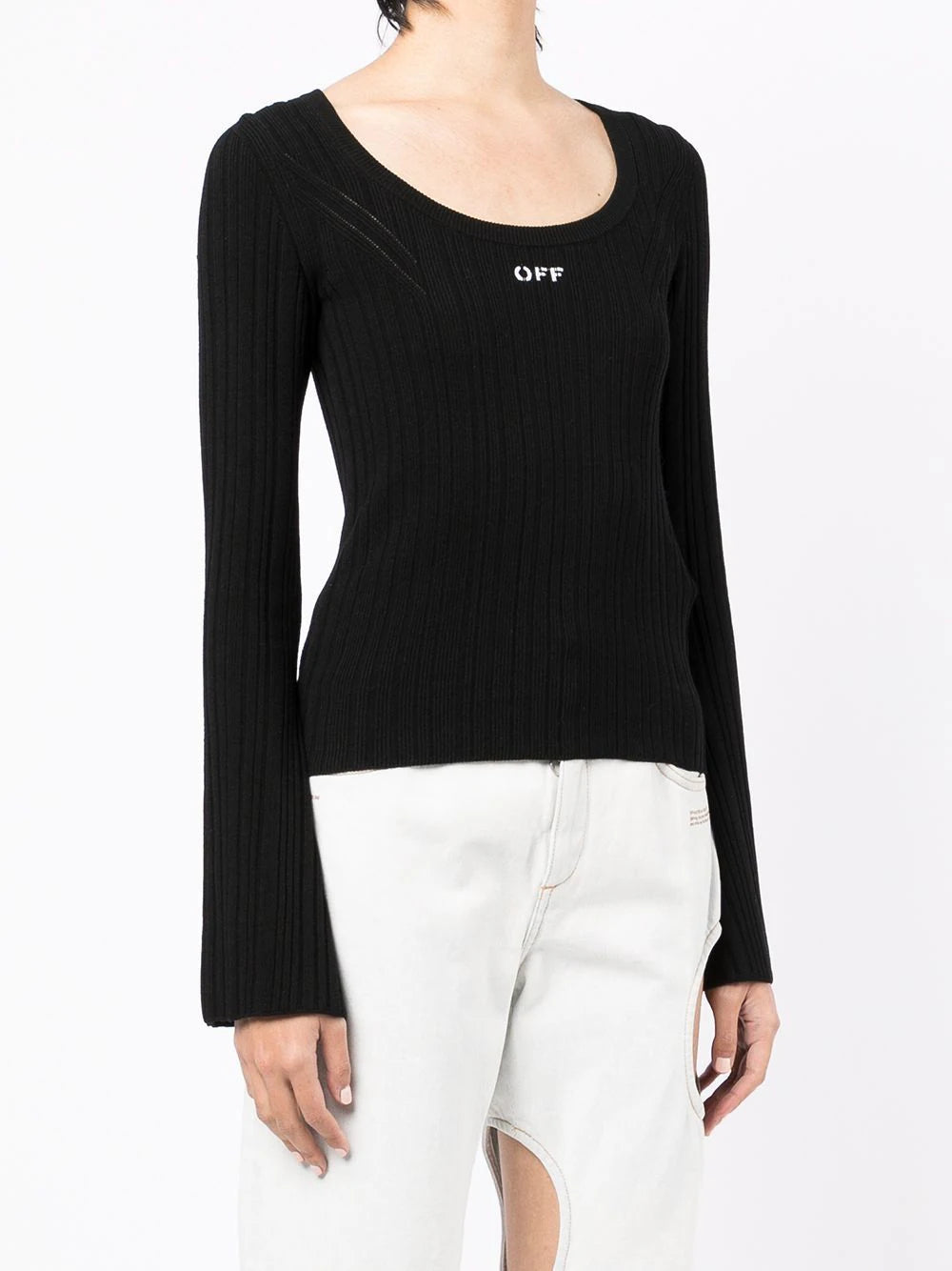 OFF STAMP RIB SCOOP LS TOP BLACK WHITE