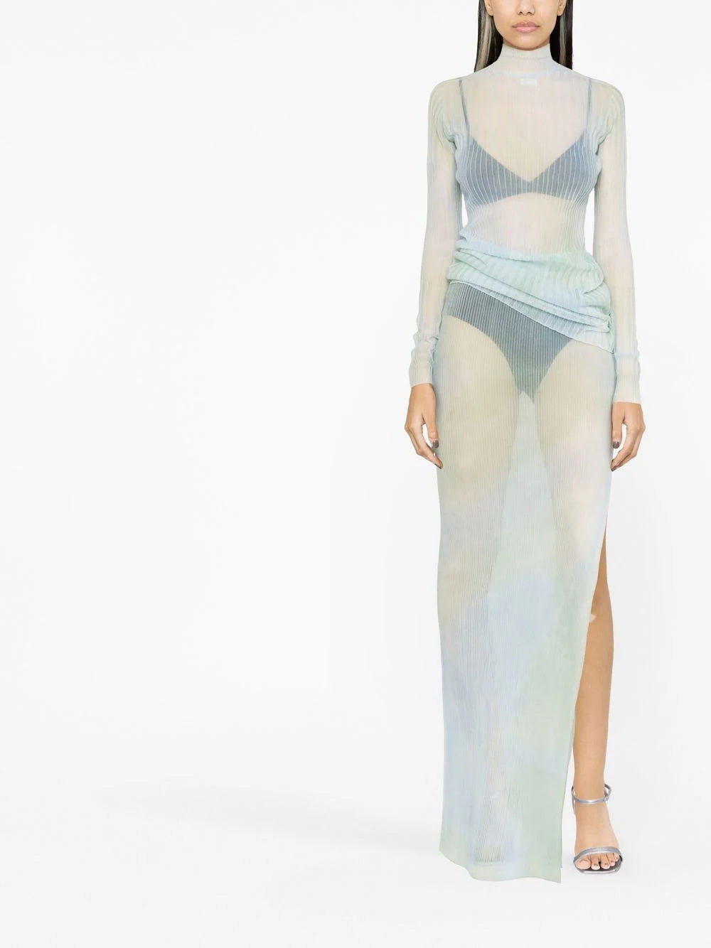 TIE DYE SEETHR LONG SKIRT LIGHT BLUE WHITE