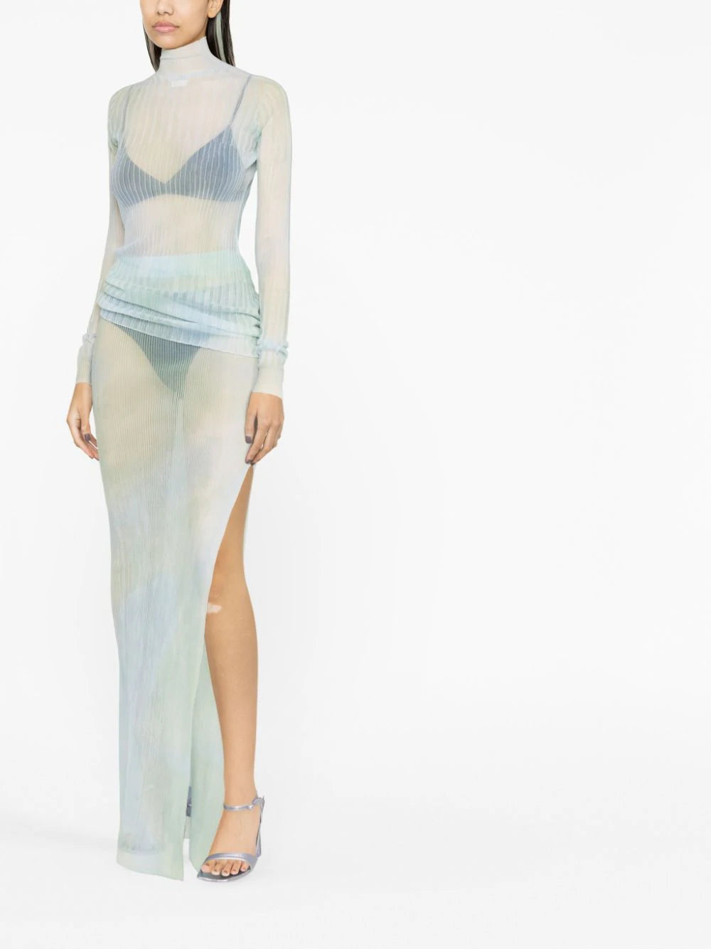 TIE DYE SEETHR LONG SKIRT LIGHT BLUE WHITE