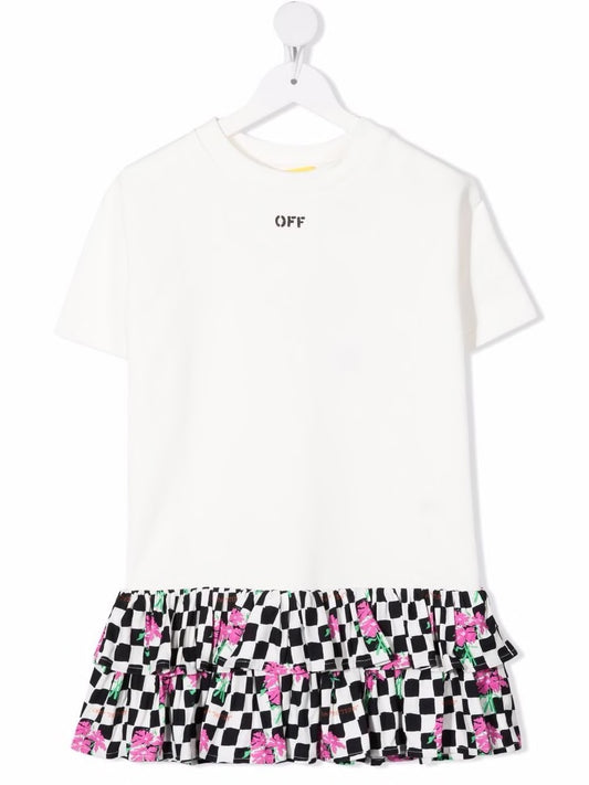 OFF CHESSBOARD FLOWER DRESS WHITE FUCHSIA