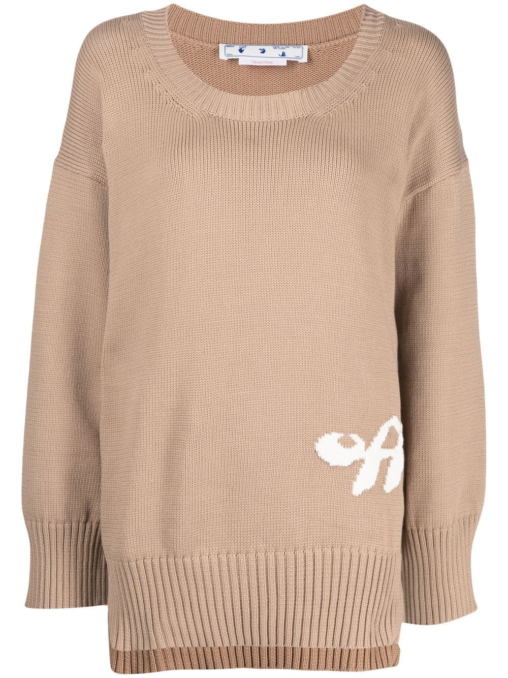 INTARSIA LOGO OVER CREWNECK CAMEL OFF WHITE