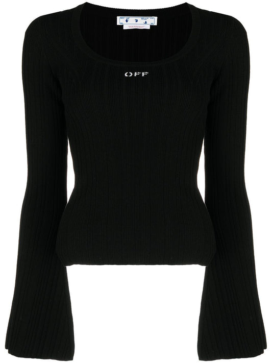 OFF STAMP RIB SCOOP LS TOP BLACK WHITE