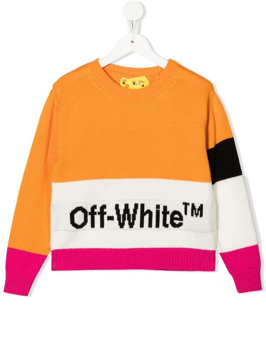 COLOR BLOCK KNIT CREWNECK ORANGE BLACK