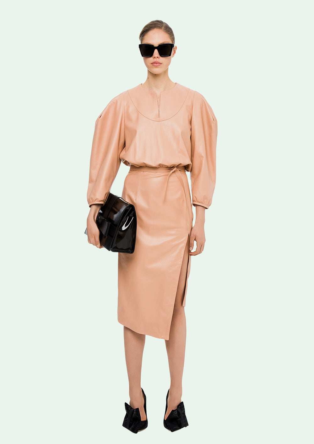 LEATHER PUFFY SLEEVES DRESS NUDE